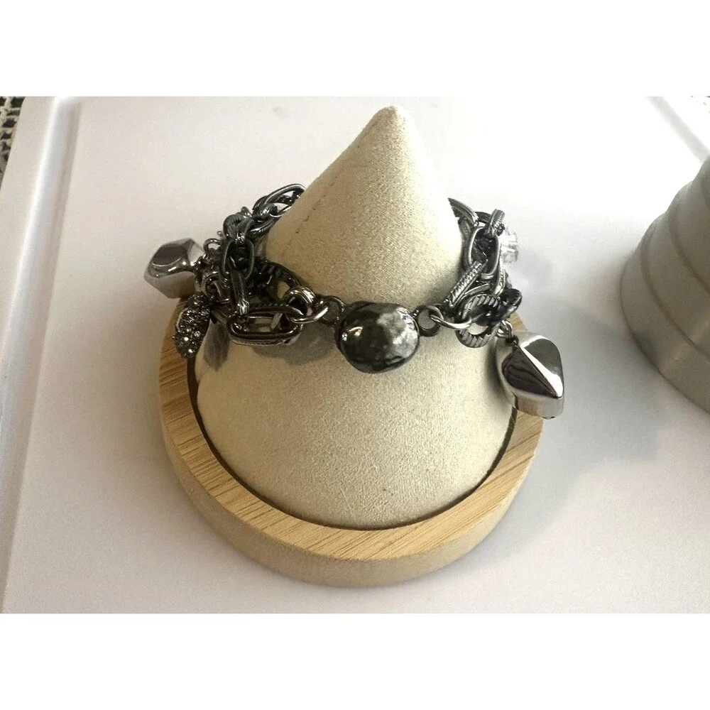 Gunmetal Multi Strand Charm Bracelet Crystal Rhinestone Chunky Statement 7